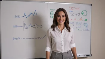 En salgsjede med et stort smil på ansiktet, stående foran en whiteboard fylt med salgstall og grafer.