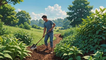 En person som arbeider i en åker med en spade, omgitt av frodige grønne planter og en klar blå himmel.