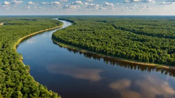 Daugava-elven renner gjennom det latviske landskapet, omgitt av tette skoger og en levende blå himmel.