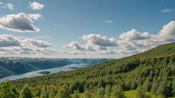 Et vakkert sommerlandskap i Norge, med frodige grønne trær og en klar blå himmel.