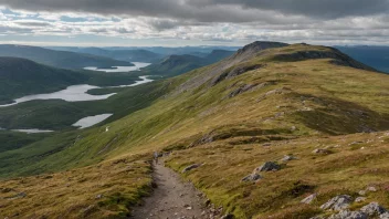 En malerisk utsikt over et nærfjell i Norge med en svingete tursti og noen turgåere som nyter landskapet.