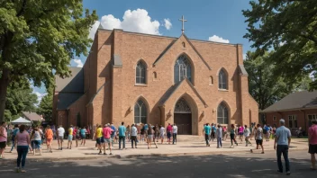 En kirke med et samfunnssenter og mennesker som deltar i ulike aktiviteter, som illustrerer konseptet menighetsvirke