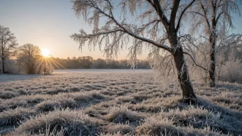 Et vinterlandskap med frost og snø.