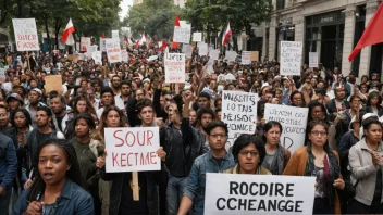 En gruppe mennesker som protesterer i gatene, holder skilt og bannere med budskap om motstand og endring.