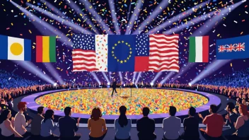 En fargerik illustrasjon av en Eurovision Song Contest-scene med flagg fra ulike europeiske land, konfetti og et jublende publikum.