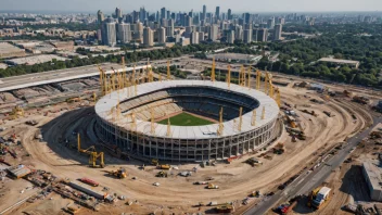 Et idrettsstadion med en byggeplass foran, som representerer investering i idrettsinfrastruktur.