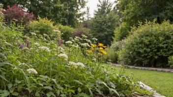 En hage overgrodd med ugress, hvor noen blomster og trær kjemper for å overleve.