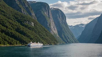 En ferge som seiler gjennom en fjord i Norge.