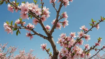 Et mandeltræ i fuldt flor, med rosa blomster og grønne blade.