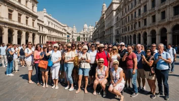 En livlig og travel byscene med turister som utforsker lokale landemerker og tar inn synene og lydene.