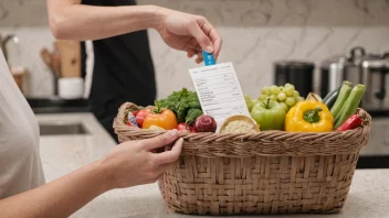 En person som holder en kurv med matvarer og en kvittering i bakgrunnen som viser den totale kostnaden