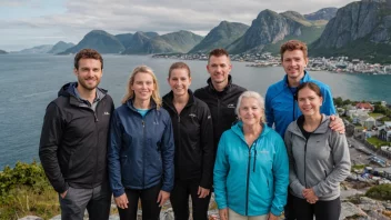 En gruppe mennesker fra Ålesund, Norge, som står sammen foran en naturskjønn kystutsikt.