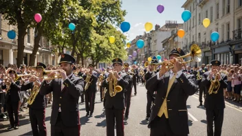 Et brassband som spiller en triumferende fanfare, omgitt av feiringsdekorasjoner.