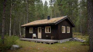 Et tradisjonelt norsk hytte med skråtak og trevegger.