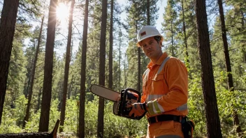 En person som arbeider i en skog, med fokus på skogbruk og treproduksjon.