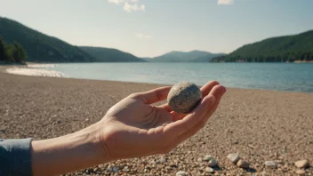 En person kaster en stein, med en naturskjønn bakgrunn av en strand eller en innsjø.