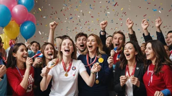 En feiringscene med mennesker som holder medaljer og flagg, omgitt av festlige dekorasjoner.