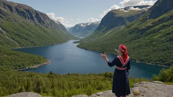 En person synger med gitar i et fjellandskap med et norsk flagg i bakgrunnen