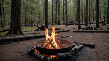 Et bålsted i en skog med en bålplass og noen aske og kull