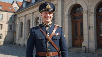 En byvakt i tradisjonell norsk uniform, stående foran en historisk bygning.