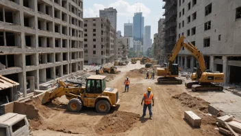 Et byområde under renovasjon, med fokus på byggeutstyr og arbeidere.