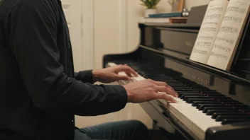 En person sitter ved et skrivebord med en blyant i hånden og komponerer musikk på et ark papir. I bakgrunnen står det et piano med noteark på.