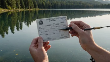 En person som holder en fiskestang og et fiskebevis, med en fredelig innsjø i bakgrunnen.