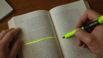 En person sitter ved et skrivebord med en bok og en highlighter, og markerer viktig tekst.