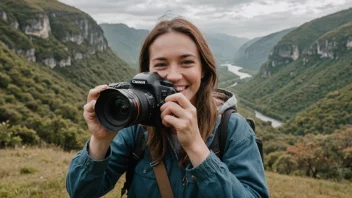 En glad fotograf omgitt av fotoutstyr og natur.