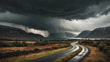 En storm med kraftige vinder og kraftig regn i et norsk landskap om høsten.