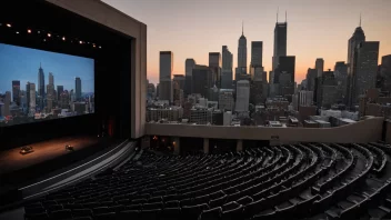 Et moderne teater med en scene og publikum, med en bysilhuett i bakgrunnen