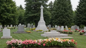 En fredelig familegravplass med en stor steinmonument og flere mindre gravsteiner, omgitt av fargerike blomster og høye trær.