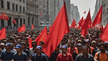 En gruppe arbeidere som protesterer for sine rettigheter, med et rødt flagg i bakgrunnen.