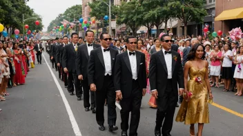 En fargerik og festlig scene med mennesker som marsjerer i en prosesjon, ledet av et band eller orkester, med ballonger, blomster og andre dekorasjoner i bakgrunnen.