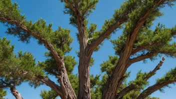 En høy, eviggrønn cypress som står alene i en hage med en klar blå himmel bak.