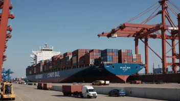 Et containerskip fortøyd ved en havn, med last som blir losset og transportert til et nærliggende lager.