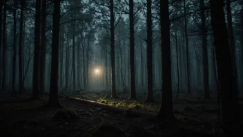 En mørk og truende skog med en urovekkende atmosfære.