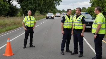 En gruppe trafikksikkerhetsarbeidere samlet nær en vei, med en politibil i bakgrunnen.