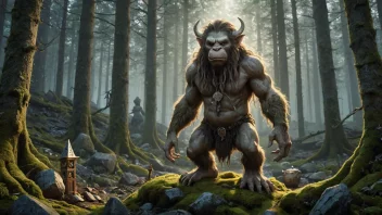 En mystisk og magisk illustrasjon av en norsk skog, med en troll-lignende figur i bakgrunnen, omgitt av magiske symboler og artefakter.