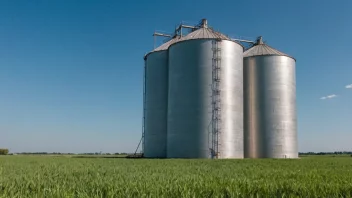 Et stort, metall silo som står alene i en grønn åker med en blå himmel i bakgrunnen.