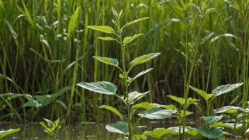 Et myrgress-plant som vokser i et våtmarksområde.