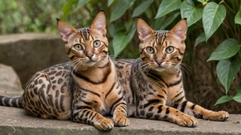 En vakker bengalkatt med prikket pels, som leker med en leke i en hage.