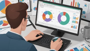 En person som analyserer data på en dataskjerm med et forstørrelsesglass, omgitt av diagrammer og grafer.