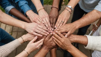 En gruppe mennesker fra ulike bakgrunner og aldre er samlet sammen, smiler og snakker. De holder alle hender og danner en sirkel, som symboliserer enhet og solidaritet.