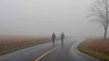 En person som går i tåken, med en vag kontur av trær og bygninger i bakgrunnen.