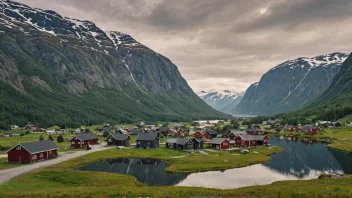 En malerisk landsby i fjellet med noen hus og en kirke.