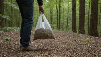 En person som bærer en pose med frø i en skog.