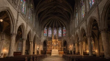 En gammel, ornamentert kirke med intrikate steinutskjæringer og vakre glassmalerier.