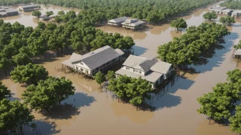 En inundasjonssone med bygninger og trær delvis under vann.