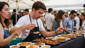 En person smaker på ulike retter på en matfestival, med en rekke ulike matvarer på utstilling.